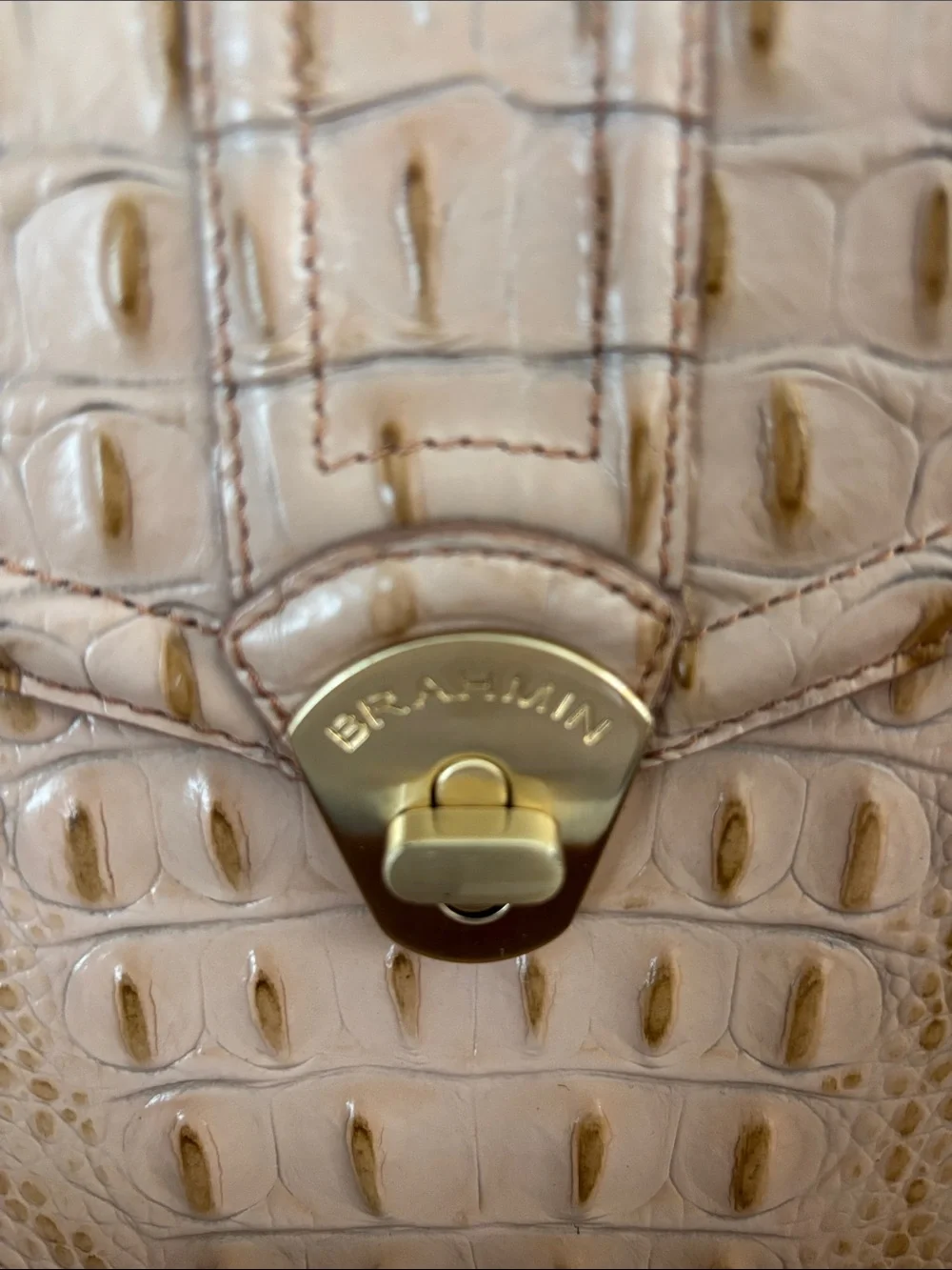 Brahmin Olivia Rose Tan Croc-Embossed Leather Satchel with Gold Hardware